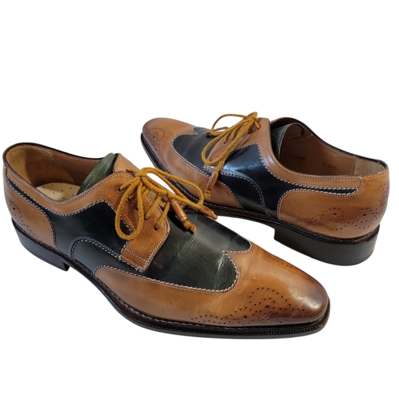 Mezlan Copa Men's 10.5M Hand-Burnished Antiqued Italian Calfskin Shoes Tan/Blue